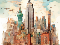 알록달록 귀여운 수채화 느낌의 건물이미지