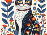 귀여운 노르딕 포크 아트 동물 일러스트, nordic folk art