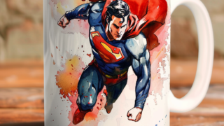 머그컵에 수채화 물감으로 그린 캐릭터